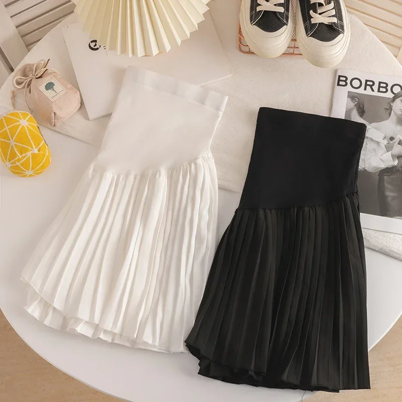 Summer Maternity Belly Skirts Adjustable High Waist Pregnant Woman Mini Skirt with Shorts Lining Irregular Chiffon Pleated Skort