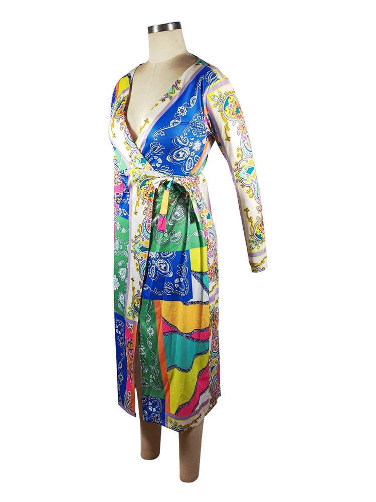 Wmstar Women Dress Fashion New Elegant Pattern Printed Waist V Neck Long Sleeve Knee Length Comfortable Pleated Holiday Dresses