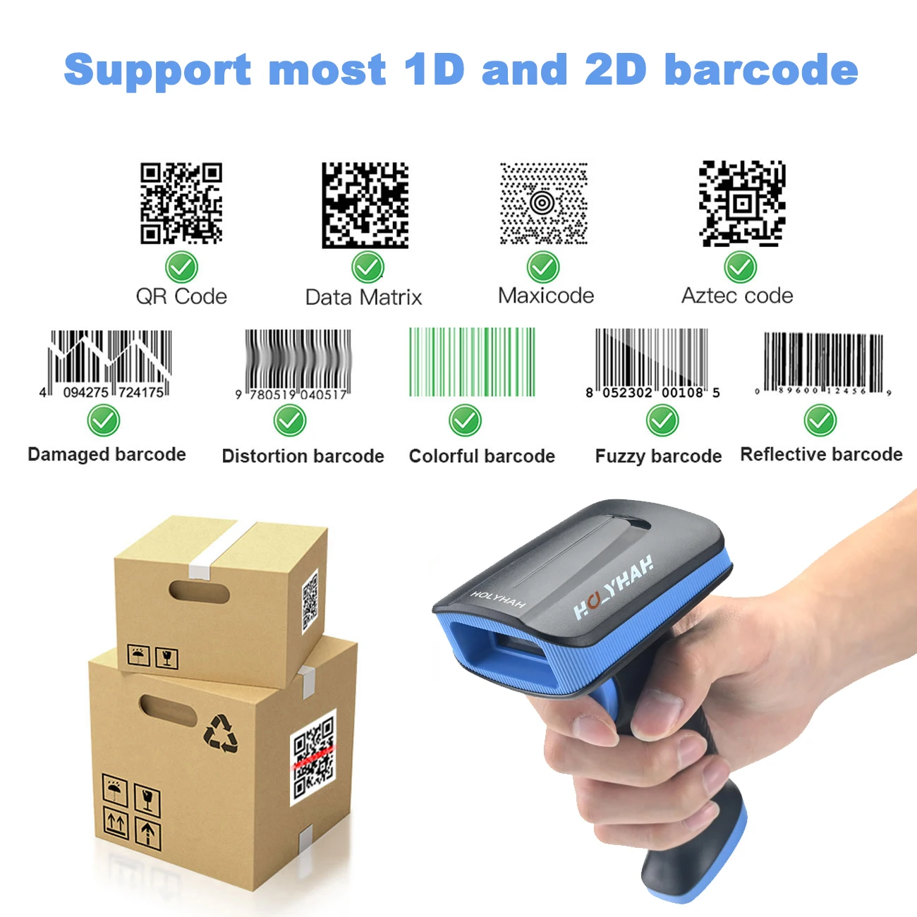 Lettore di Scanner di codici a barre portatile Holyhah 1D 2D QR PDF417 piattaforma USB cablata Wireless Bluetooth 2.4G