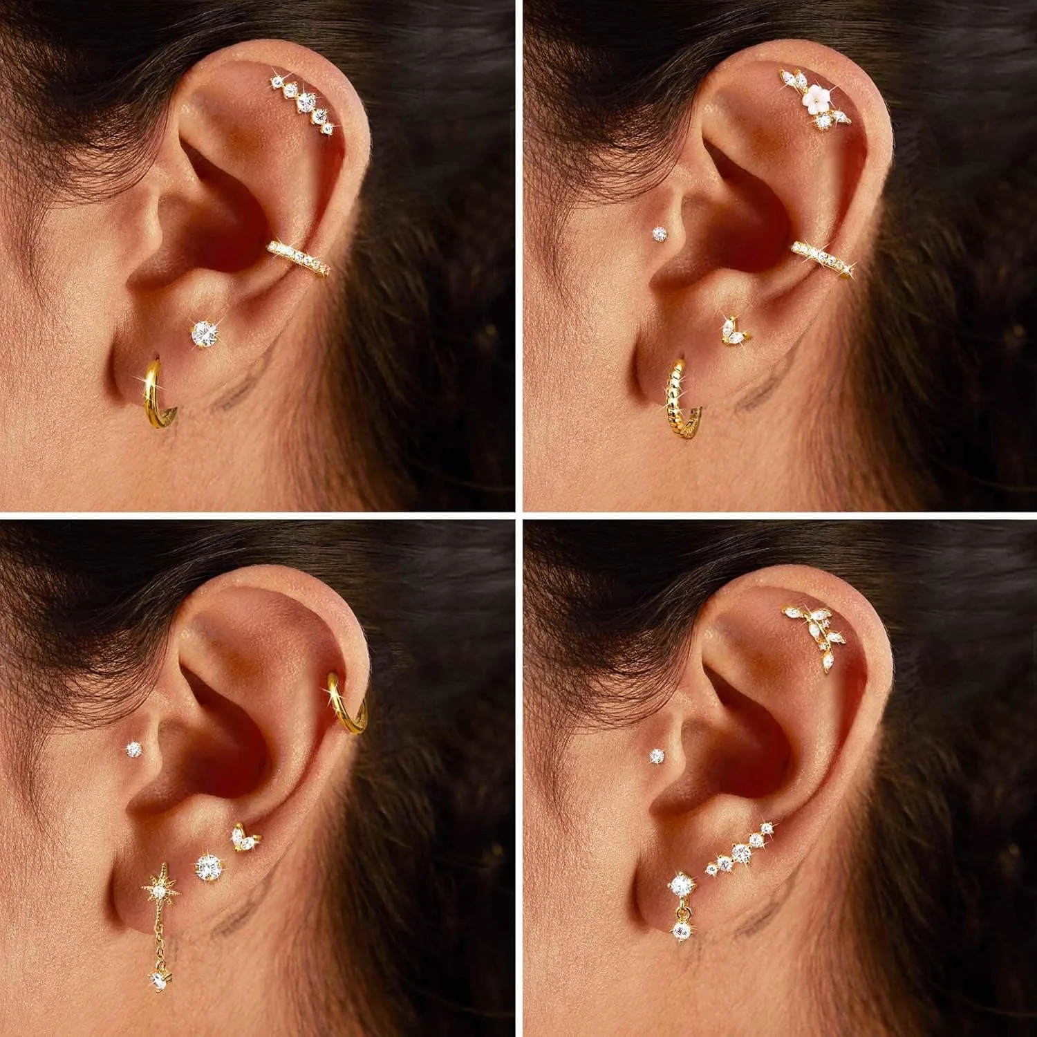 Adramata 9 Pezzi Piercing Helix 16G Acciaio Chirurgico Orecchini Cartilagine Stud Serpente Fiore Opale CZ Tragus Orecchini per Donne Cartilagine Piercing Oro Argento Helix Piercing Orecchio Gioielli,G