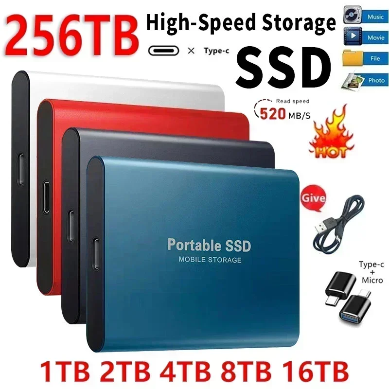 thumbnail image 1 of Disco duro externo SSD portátil de alta velocidad de 256 TB con interfaz USB 3.1, unidad de estado sólido, dispositivo de almacenamiento masivo para computadora portátil o PC, 1 of 5