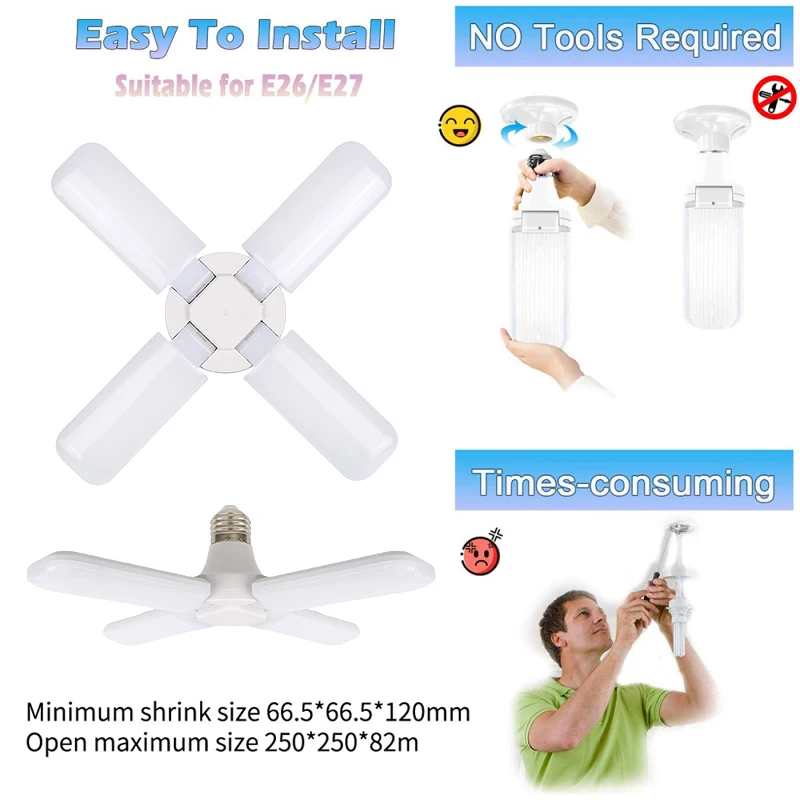 E27 Fan Foldable 28W LED Bulb AC220V/110V 40 Bulb Deformation for Home Ceiling Lights Warehouse and Garage White Light6500K Bulb