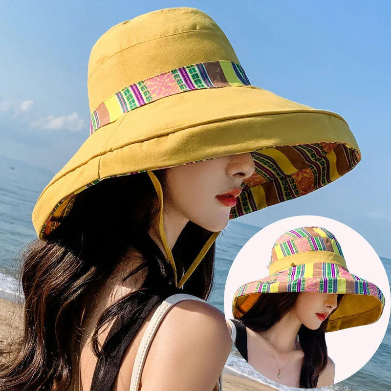 Women Bucket Hat Wide Brim Sun Hats Metal Wired Edge Summer UV Protection  UPF Boho Cap for Beach Hiking Garden Travel Chin Strap