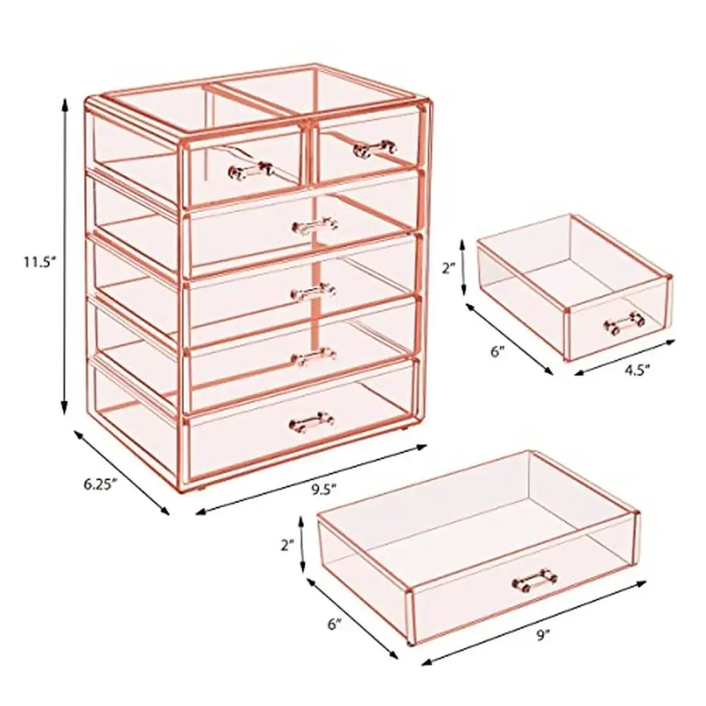 Makeup Storage Organizer Bundle Acrylic 6 Drawer Tower & 4 Drawer Wide Cosmetic Jewlery Storage Pink Durable Design Easy Access 3