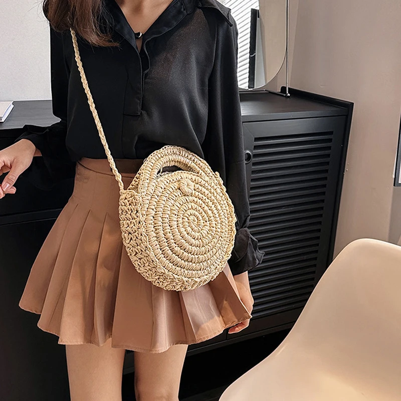 Straw Round Shoulder Bag 2024 Summer New Hawaii Hand-Woven Straw Bag Holiday Beach Beach Women's Handbag