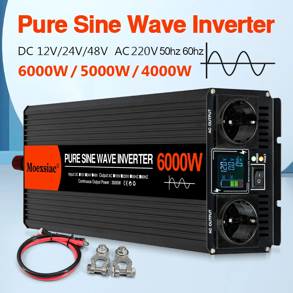 

Moexsiac Pure Sine Wave Inverter 4000W 5000W 6000W Double EU Socket DC12V 24V 48V To AC220V Voltage Converter Solar Car Inverter