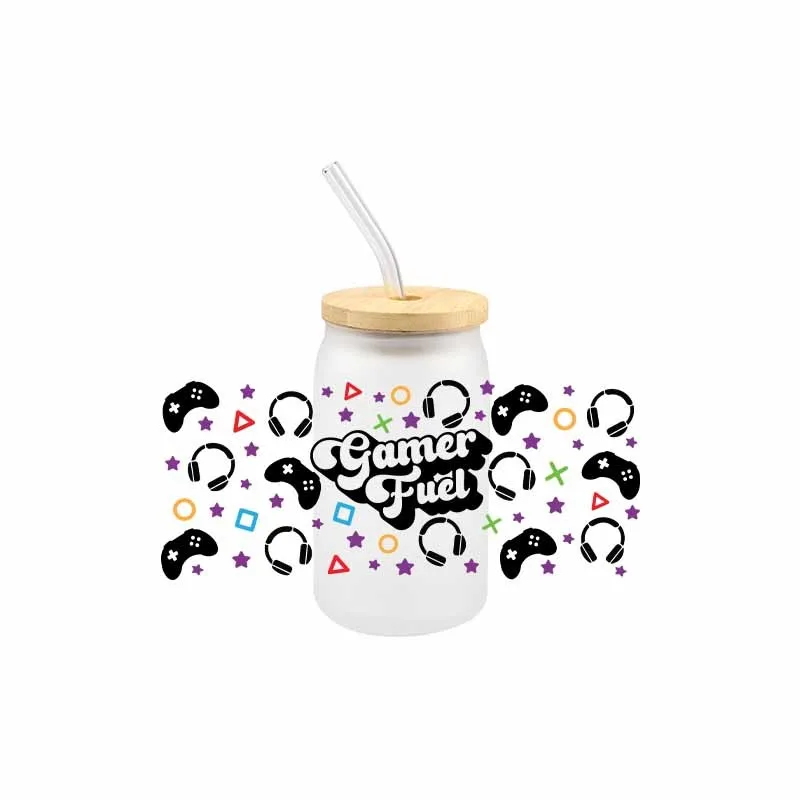 3D UV DTF Gamer Life Tarnsfer Sticker Wraps Cup 16 OZ Glass Cup High Quality Waterproof Sacrch Decals