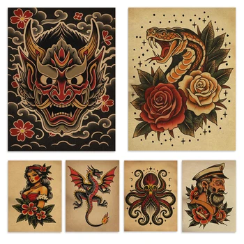 Tatuaggio tradizionale americano aquila, cobra, squalo con ancora, pantera, drago, poster del tatuaggio del marinaio decorazione artistica del tatuaggio vintage