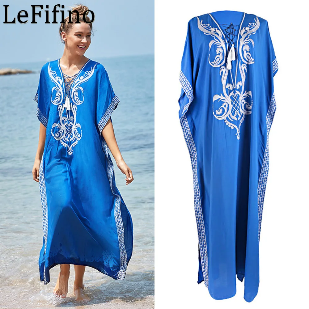 Robe de plage brodée en coton bleu pour femme, vêtements de plage
