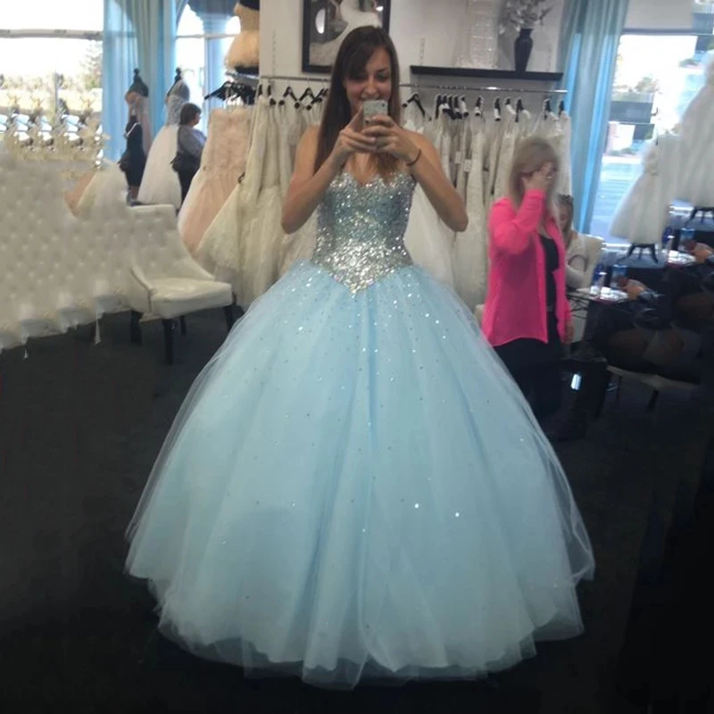 

ANGELSBRIDEP Light Blue Quinceanera Dresses Ball Gowns Luxury Crystals Tulle Sweet 16 Dress Organza Vestidos De 15 Anos