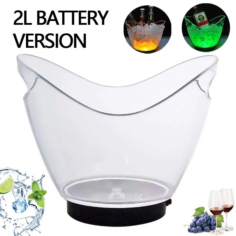 1PCS 2L LED Ice Buckets Plastic Clear Ice Bucket Colors Changing Champagne Wine Beer Cooler Bucket for Home Bar Party Club Use
