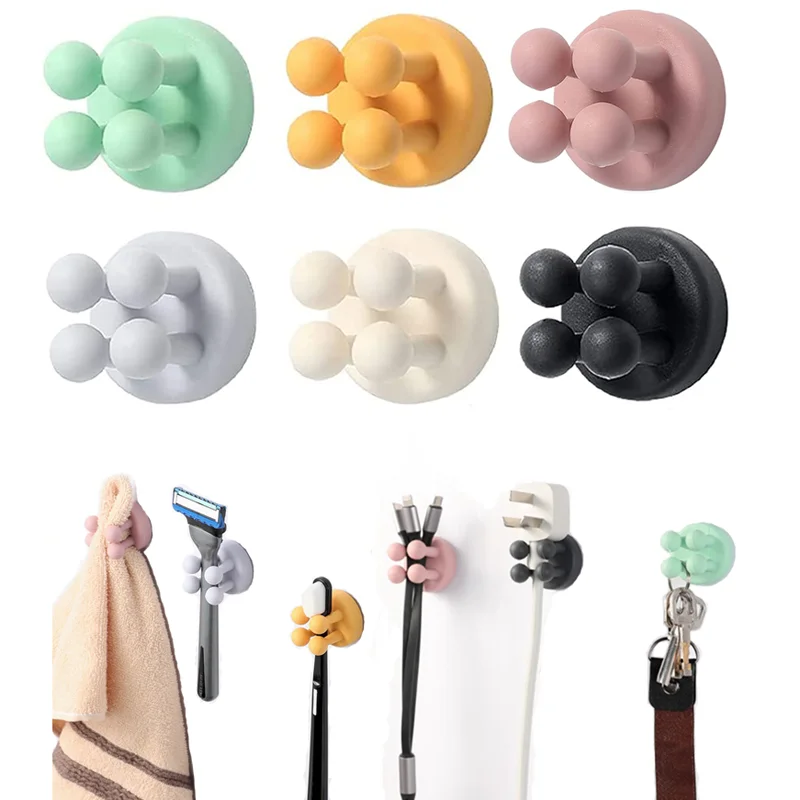 4-Pack Multifunction Silicone Holders – Wall Mount For Toothbrush, Razor, Keys, Cables, Waterproof & No Drill (Pink)