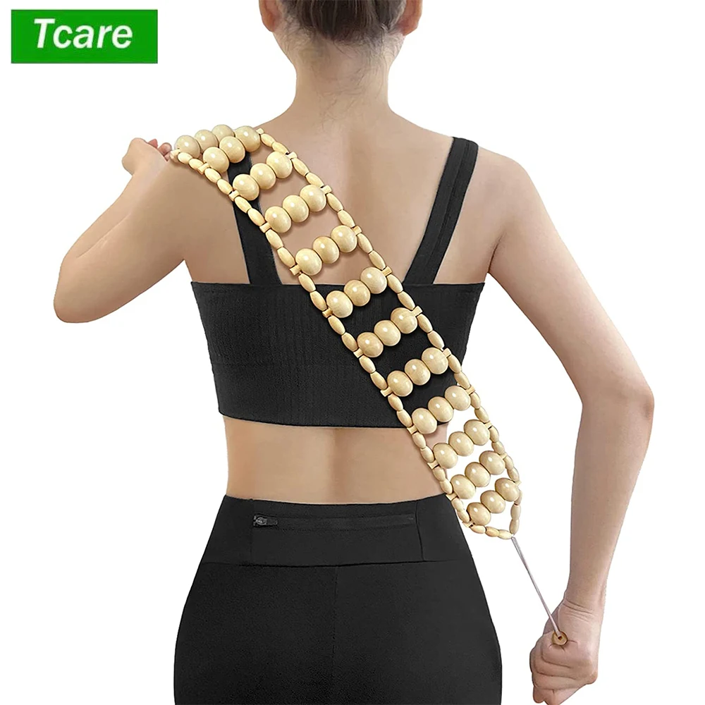 Tcare 1 PC Wooden Therapy Wood Back Massager Roller Rope, Manual Massage Strap for Back, Neck, Shoulders, Leg, Waist Pain Relief pure manual handmade wax rope woven wood bead bohemian national waist belt for dress bl308