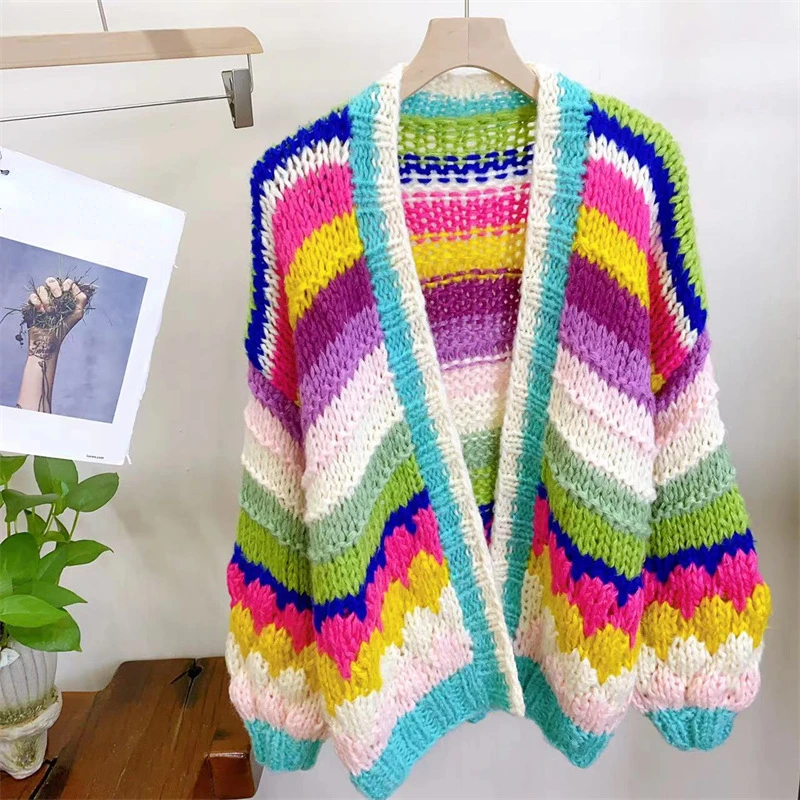 Women Colorful Rainbow Chunky Knit Mohair Sweater Handmade Bulky