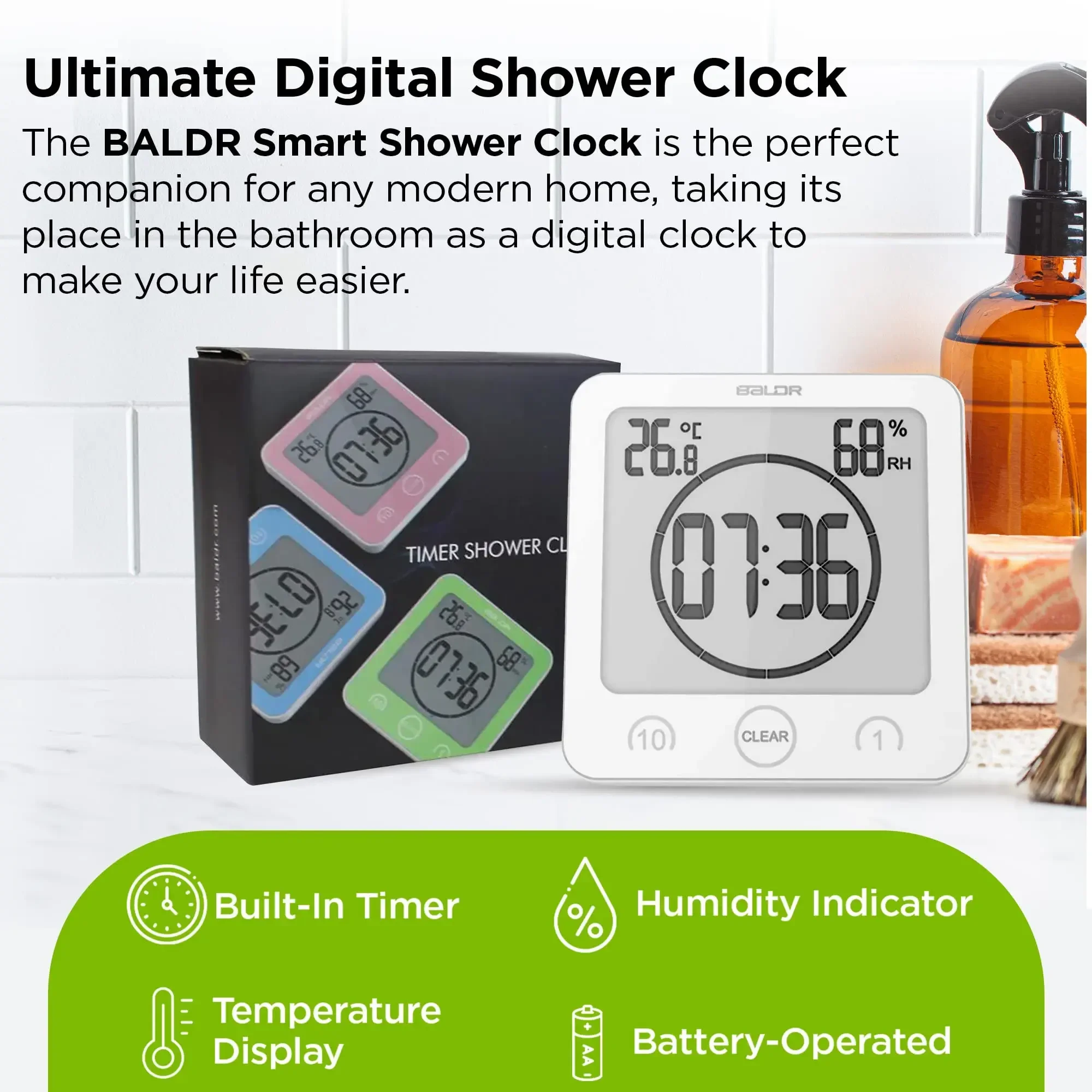 Digital Wall Clock Timer Waterproof Touch Screen Temperature Humidity for Bathroom Shower Room