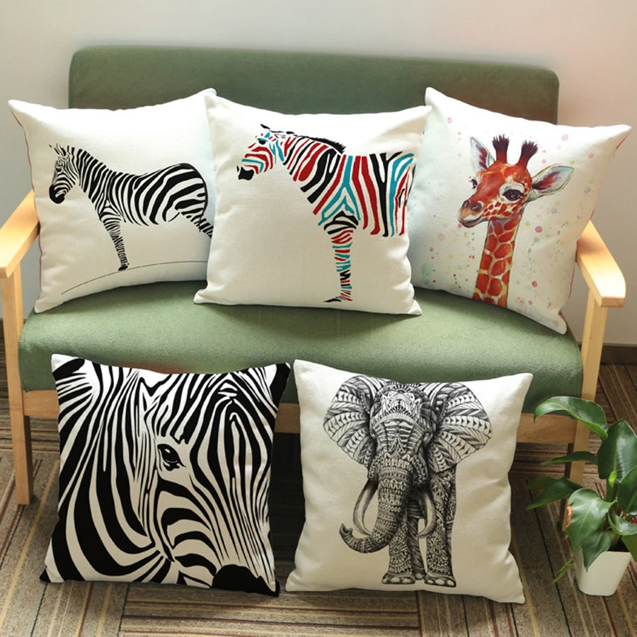 hoeveelheid verkoop uitvegen stromen Wilde dieren stijl decoratief kussen Afrikaanse zebra olifant giraffe kussen  vierkant sierkussens katoen linnen kussensloop 45x45cm| | - AliExpress