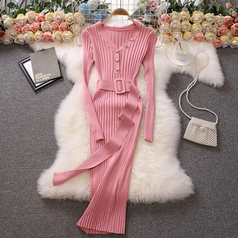 

2023 Autumn Winter Women Dress Elegant Cross V-neck Slim Waist Knitted Bodycon Korean Office Lady Fashion H30