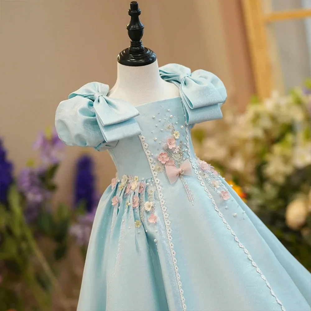 Light Blue Square Neck Puff Sleeves A-line Dresses For Girls Performance Activities Charming Beads Princess Gown Birthday Party