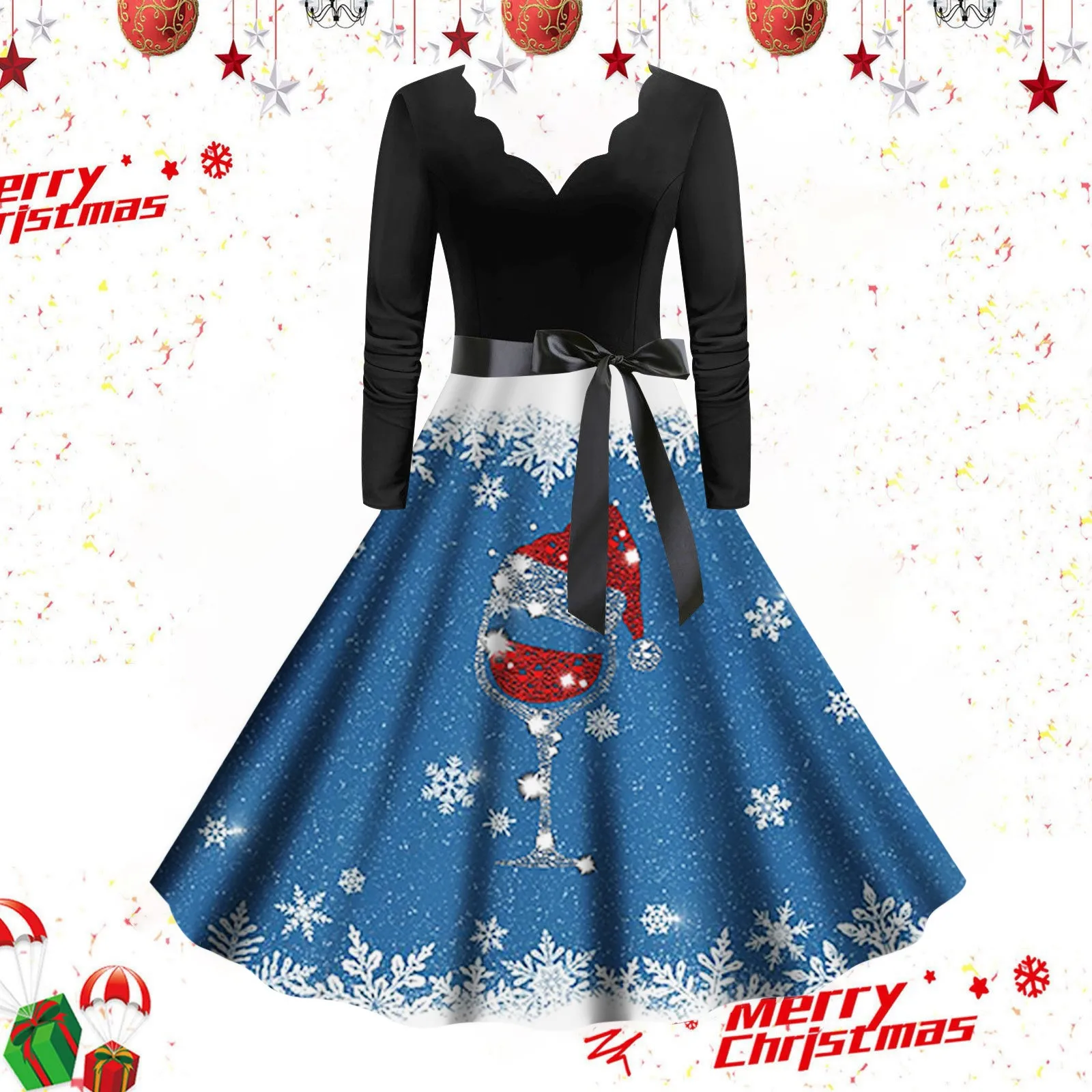 

Womens Autumn And Winter Fashion Christmas Snowflake Red Wine Cup Print Round Neck Long Sleeve Retro Womens Casual Long Dresses