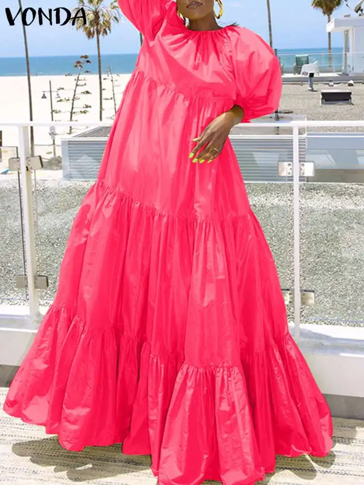 

2024 VONDA женское платье-макси большого размера с рукавами-фонариками, Свободный Длинный Сарафан с оборками, повседневное свободное однотонное женское платье
