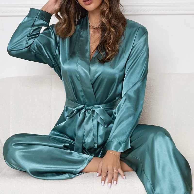 

Lisacmpvnel Women's Fashion Sexy Cardigan Lace Up Pajamas Long Sleeved Trousers Two-piece Casual Loose Home Suit