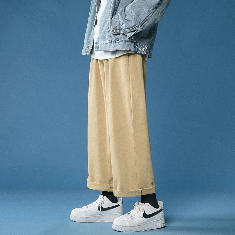 Casual Pant Men Cotton Baggy Wide Leg Pants Ankle Length Elastic Waist Loose Straight Trousers Men