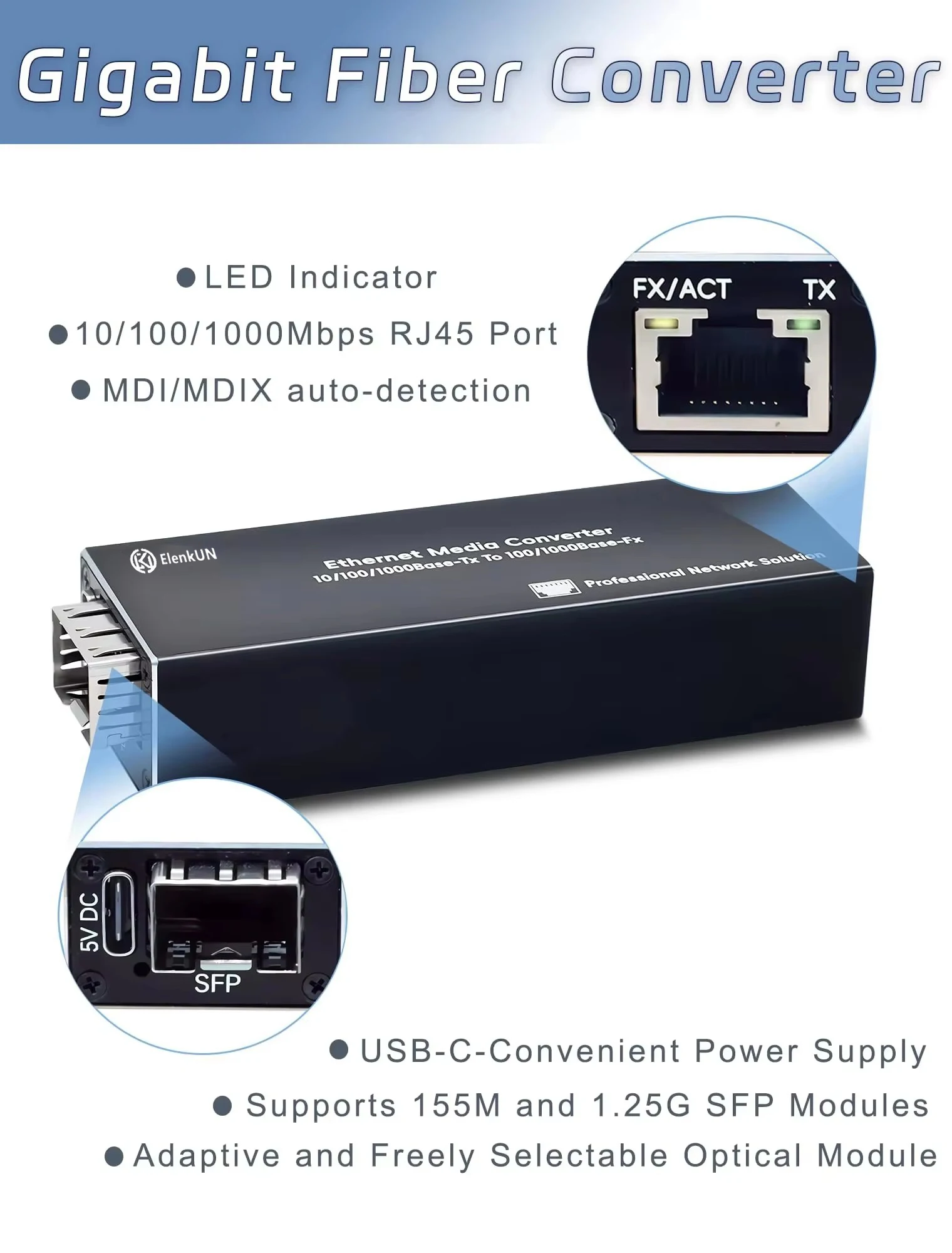 Mini Ethernet PoE PD SFP Fiber Media Converter RJ45 ,SFP 100/1000M Plug and Play Ethernet Fiber Converter Durable Metal Housing