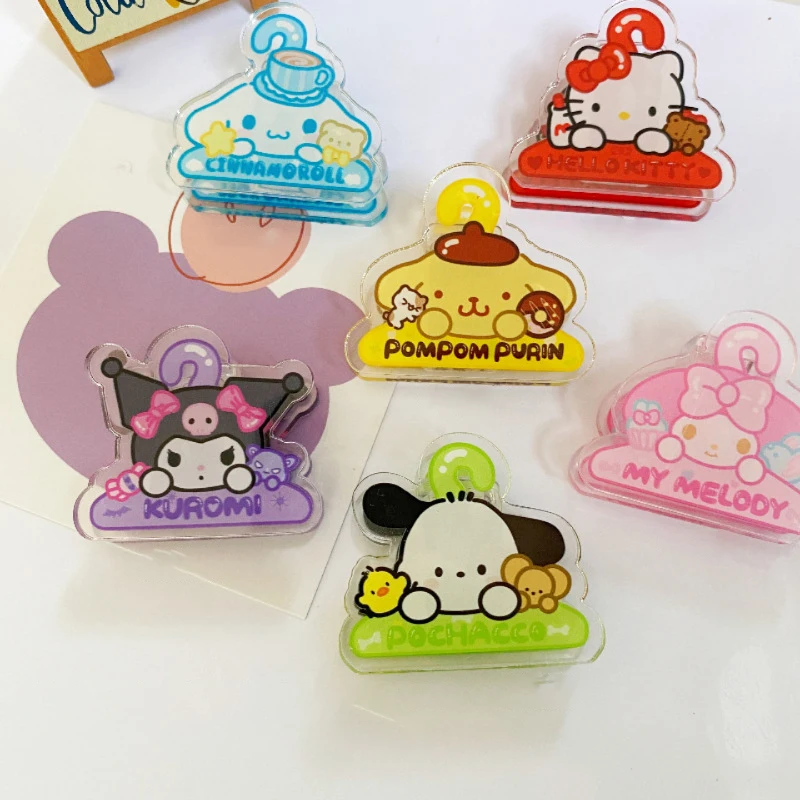 5pcs Cartoon Kuromi Hello Kitty Melody Acrylic Binding Clip Notes Letter Paper Clip Office Stationery Supplies Binding Securing