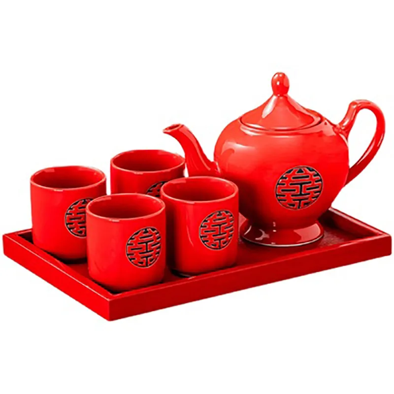Chinese Wedding Teapot Set, Red Tea Pot, Cup Bowl, Ceramic Teaware, Exquisite Bride Souvenir Gift, Dowry, Marriage Celebration