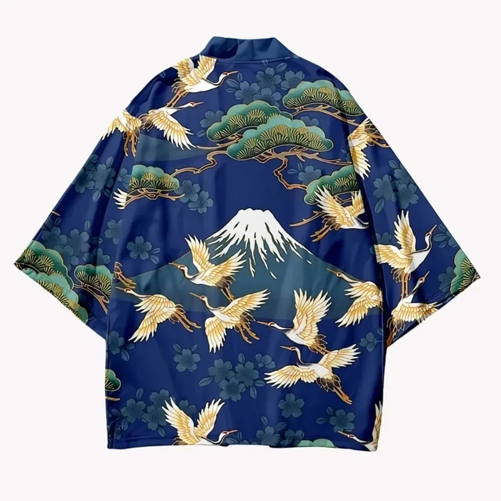 Japanese Kimono Cardigan Crane Pattern Print Men Women Harajuku Yukata Top