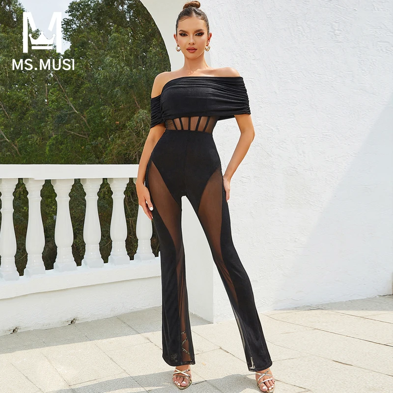 

MSMUSI 2023 New Fashion Women Sexy Off The Shoulder Lace Mesh Hollow Out Sleeveless Bodycon Party Club Flare Long Pant Jumpsuit