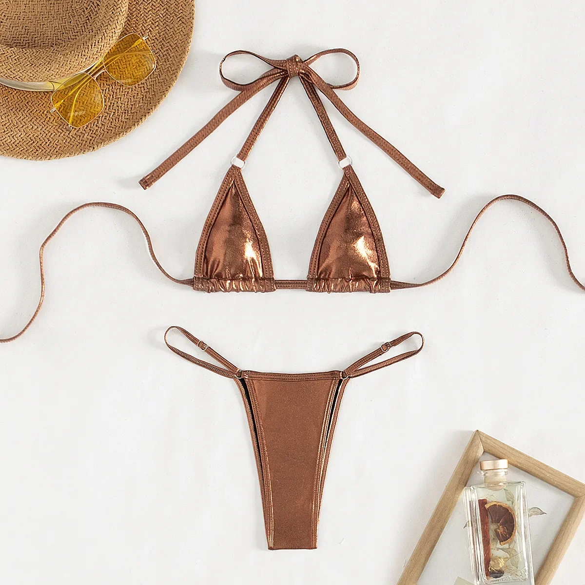 

Новинка 2024, коричневый Блестящий Купальник для женщин, однотонный купальник из 2 частей, бикини с трусиками-танга, купальный костюм с низкой талией и открытой спиной на шнуровке