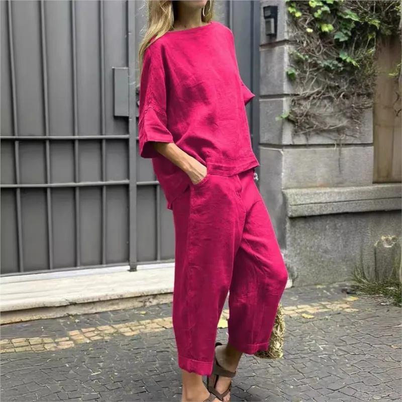 Women's Suit 2024 Summer Fashion Casual Women's Two-piece Loose Round Neck Long Sleeve Top Wide Leg Pants Suit