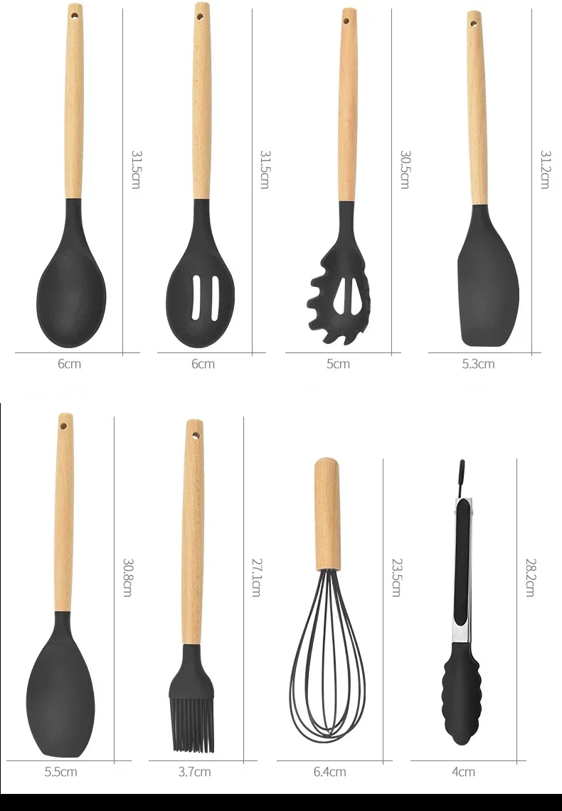 Description Picture 6 of item12Pcs Silicone Cooking Utensils Set Wooden Handle Kitchen Cooking Tool Non-stick Cookware Spatula Shovel Egg Kitchenware Beaters