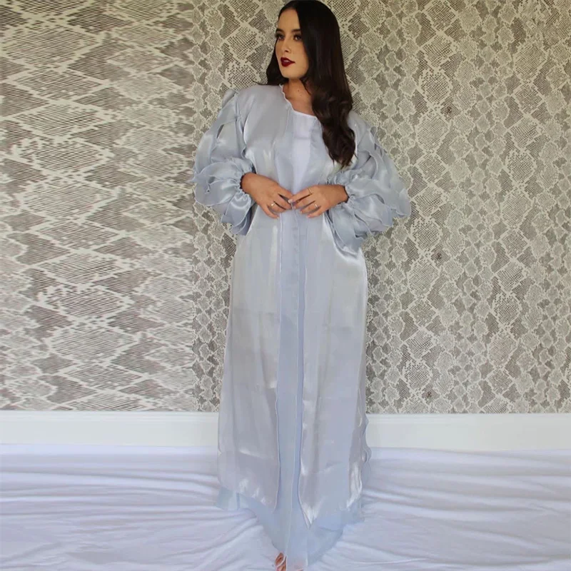 Women Dress Bubble Petal Sleeve Cardigan 2022 Summer Dubai Elegant Long Dress Muslim Fashion Evening Dresses