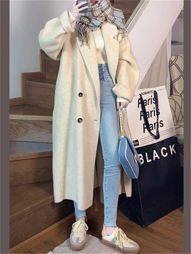 

Winter Outerwear Warm Loose Long Wool Blend Coat for Women New Fashion Thick Overcoat Solid Double Breasted Trend