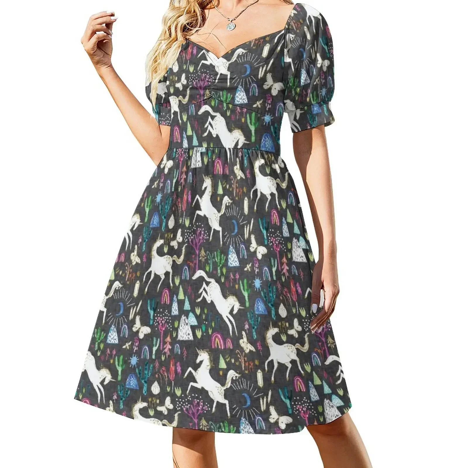 thumbnail image 1 of Vestido Unicornicopia de manga corta, vestido de verano, vestidos de fiesta diarios, ropa de playa para mujer, vestido de noche para mujer, 1 of 7