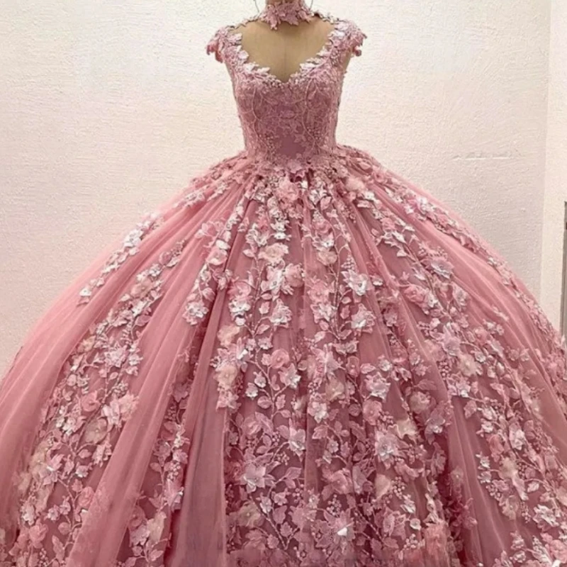 

Real Picture Pink Arabic Prom Dresses Sweet 16 Girls 3D Floral Sheer Back Birthday Party Dress Vestido De 15 VX Anos Quinceanera