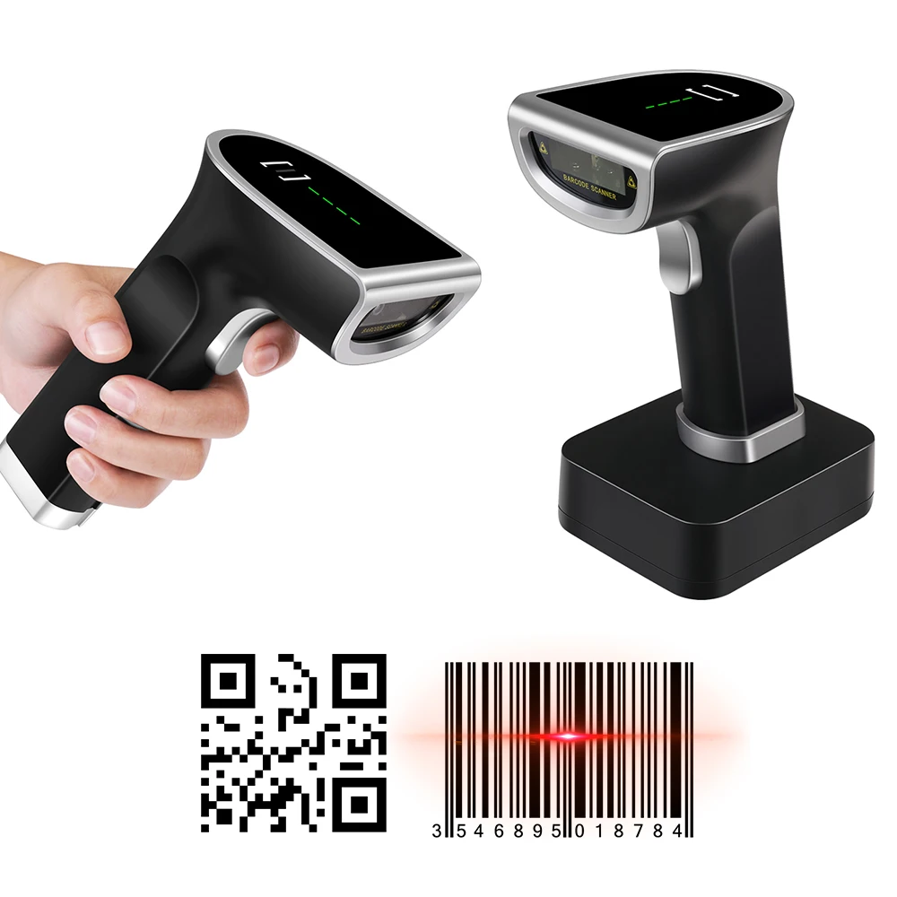크래들이 있는 무선 QR 2D 바코드 스캐너, 휴대용 USB 유선 바코드 리더, 수동 및 연속 지지대 용지 및 스크린