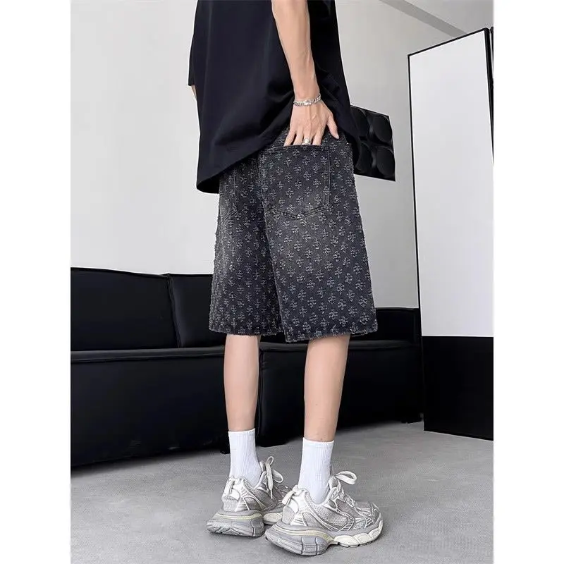 American retro fashion design ripped denim shorts for men summer trendy high street fashion retro mid-pants
