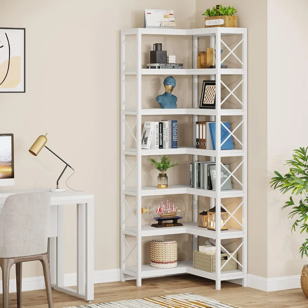 7-Shelf Corner Bookshelf,Large Modern Corner Bookcase, 7-Tier Tall Corner Shelf Storage Display Rack with Metal Frame for Livin 5