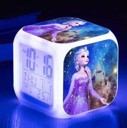 thumbnail image 2 of Reloj despertador digital con luz LED que cambia de color con la princesa Elsa y Anna de la película Frozen de Disney, reloj despertador para niños, juguetes de dibujos animados para niños, 2 of 5