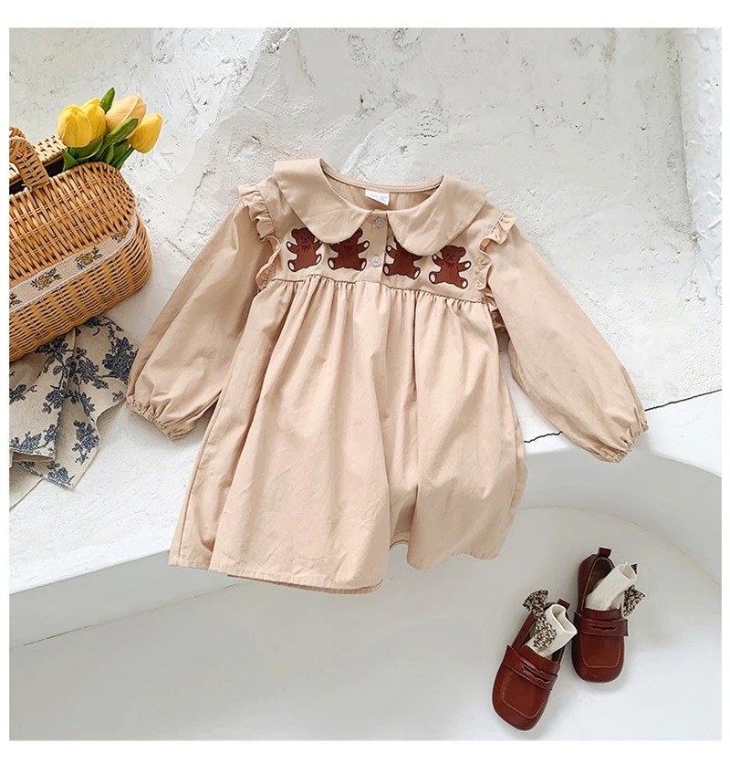 Kids Doll Collar Dress  Girls' Cartoon Bear Print Spring Autumn Korean Long-Sleeved Casual Loose Baby Girl Princess Dresses in Khaki