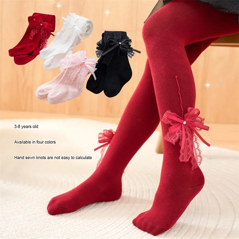 Toddler Kids Girls Stockings Cute Rhinestone Double Bowknot Lolita Princess Dance Ballet Tights High Waisted Footed Pantyhose