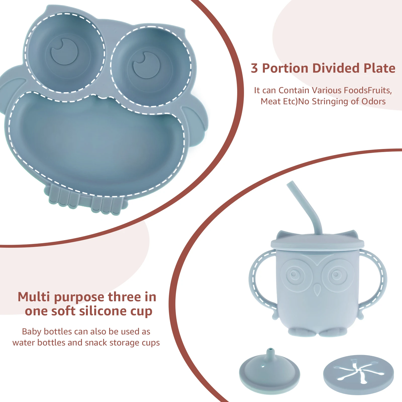 11/5pcs Baby Dining Plate Silicone Tableware Set Toddler Feeding Divided Dinner Tray for Infant Weaning Baby Saliva Dripping Bib