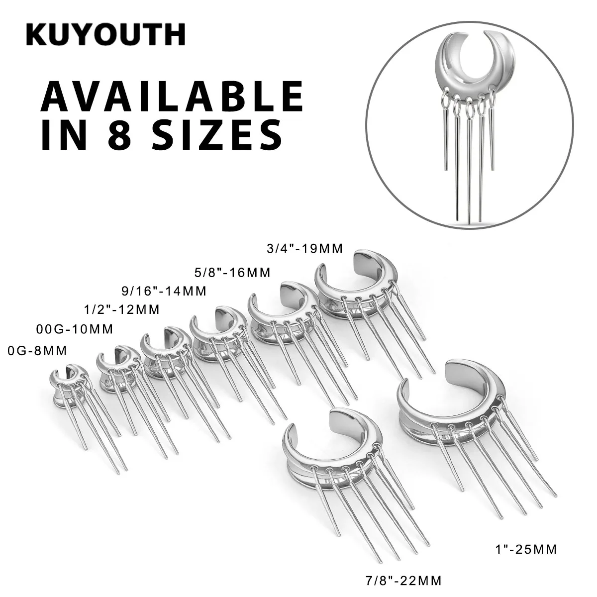 KUYOUTH Saddle Ear Gauge Tunnel Plugs Unisex Crescent Moon Tassel Ear Stretcher Expander Body Piercing Schmuck 1 Paar – Detail 5