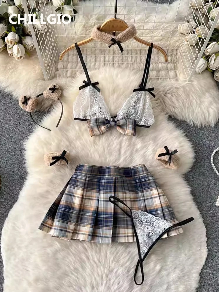 

CHILLGIO Women Sexy Pleated Skirts Suits Lace Bra Brief Plaid Mini Skirt Preppy Style Ins Hotsweet Erotic Pajamas 5 Pieces Sets