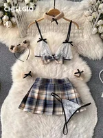 CHILLGIO Women Sexy Pleated Skirts Suits Lace Bra Brief Plaid Mini Skirt Preppy Style Ins Hotsweet Erotic Pajamas 5 Pieces Sets 1