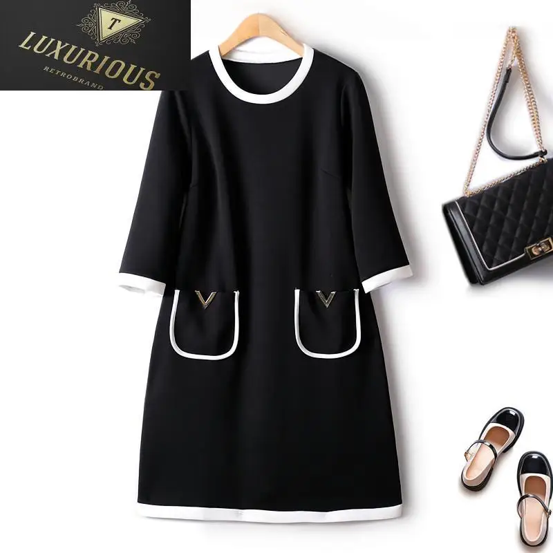 

Элегантные черные платья во французском стиле для женщин, простое Хлопковое платье в стиле ретро с контрастными карманами и рукавом три четверти, Женское Платье 4XL