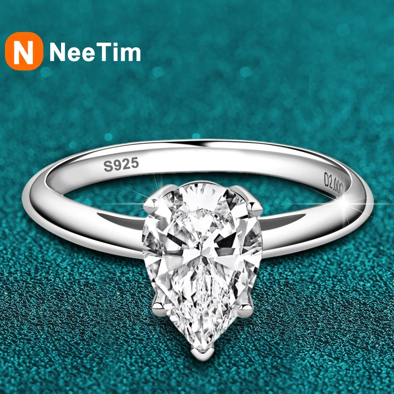 

NeeTim 2ct D Color Pear Cut Moissanite Ring For Women Diamond Rings 925 Sterling Silver Engagement Wedding Promise Bands Gifts
